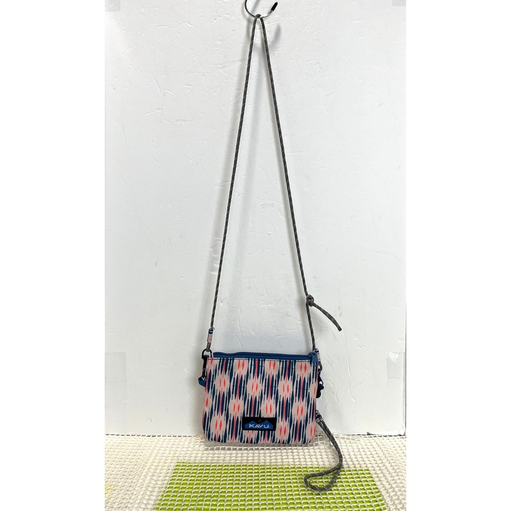 KAVU Keeper Crossbody Bag Blue Pink Ikat Geometric Rope Strap Travel Pouch GOOD